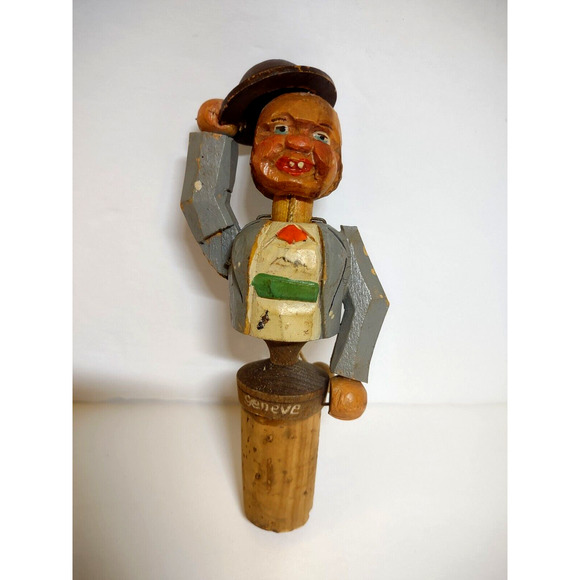 ANRI Puppet Hat Tipping Bottle Stopper Wood Carved Barware Cork Base Geneve - Picture 2 of 4